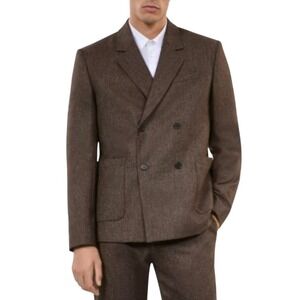 The Kooples Men Double Breasted Wool Blazer‎ Size FR 46 Brown Leather Elbow